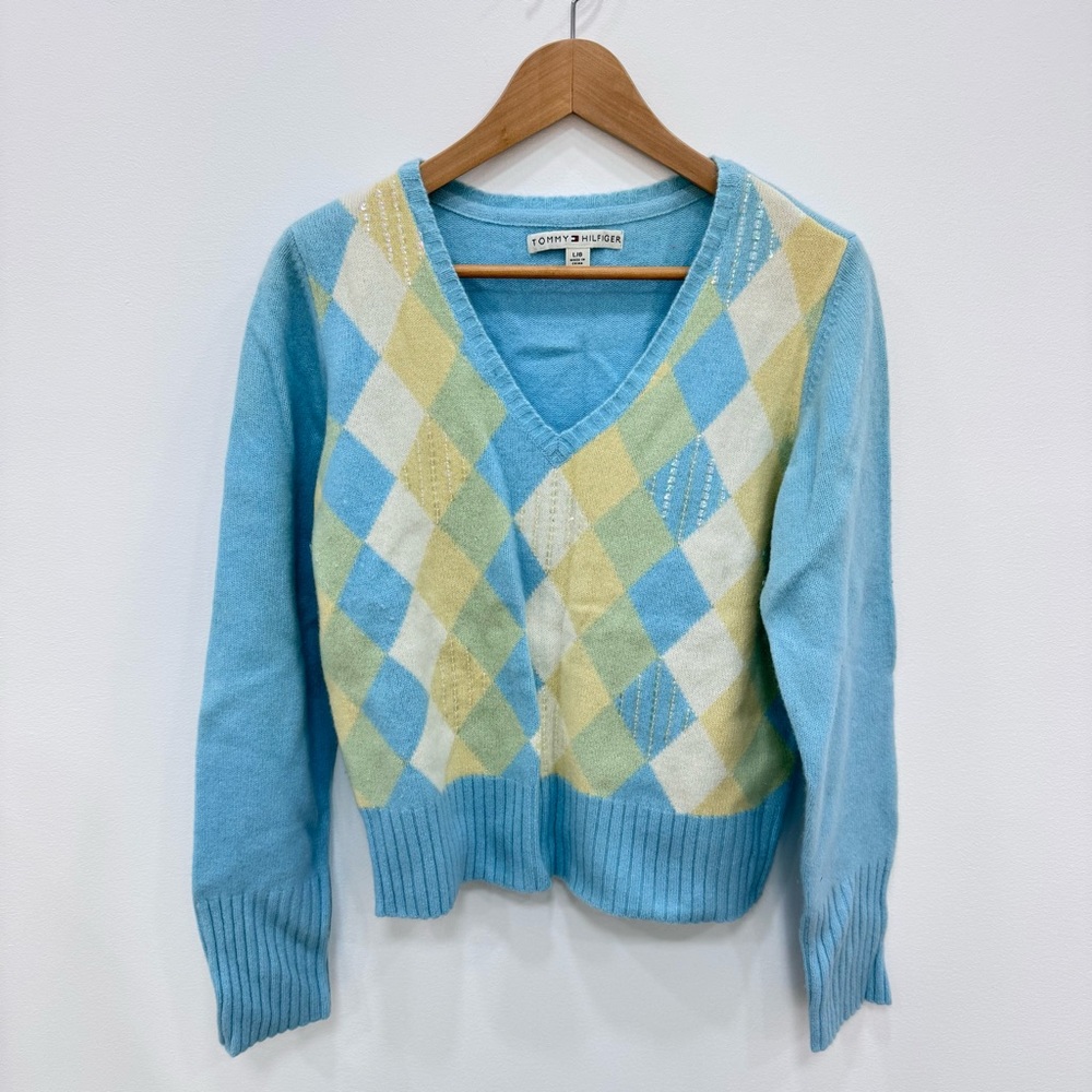 Vtg Y2K Tommy Hilfiger Argyle Sequin Sweater Sequins lambswool angora Large